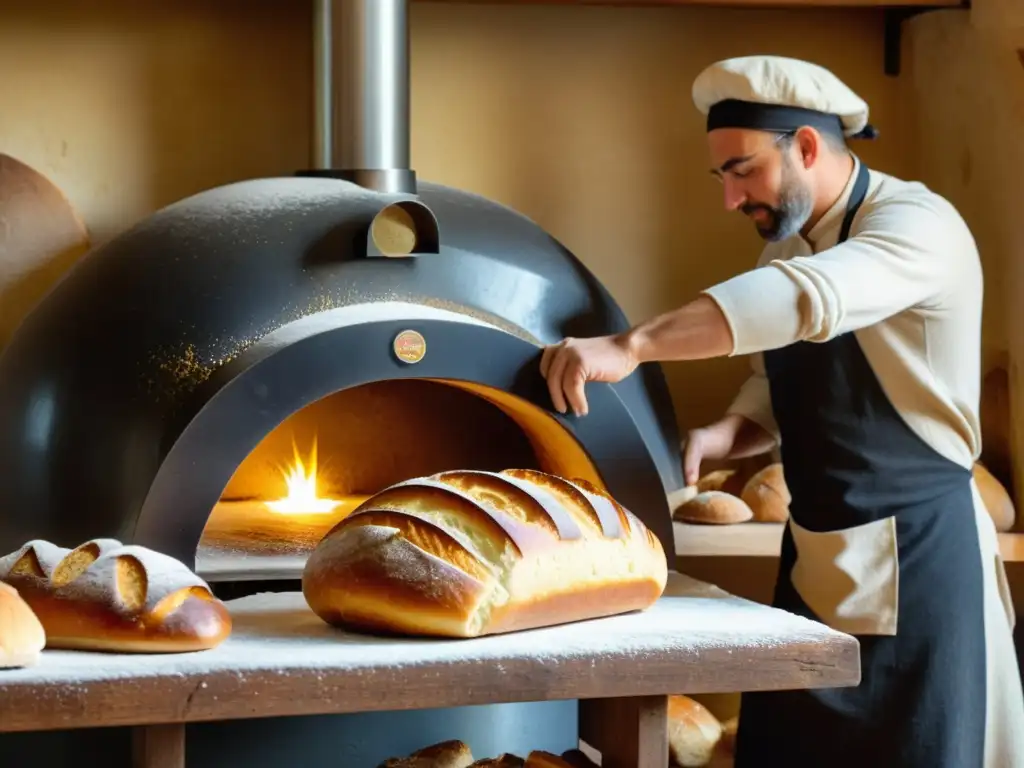 Un panadero experto moldea la masa con habilidad, en un escenario de panadería vintage con un horno de piedra