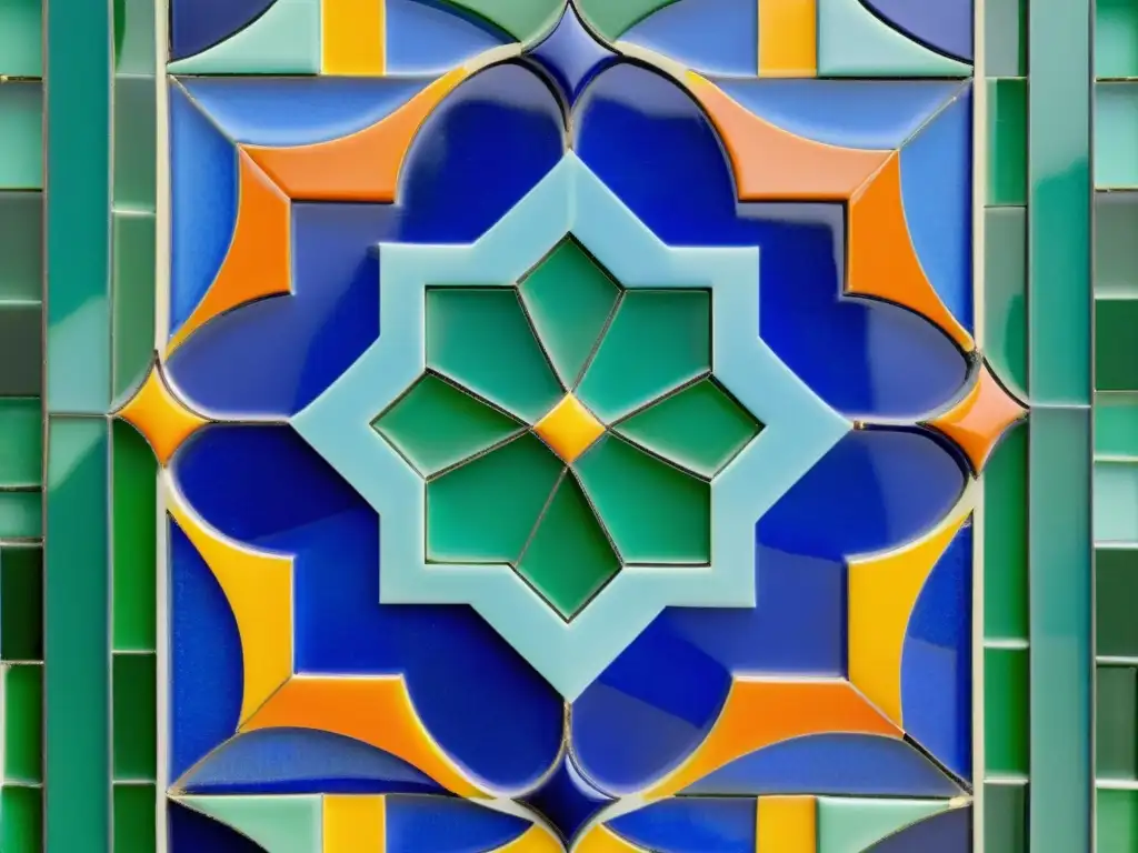 Panel de mosaico árabe Zellige con patrón geométrico en azul, verde y naranja, reflejando arte y tradición en colores vibrantes