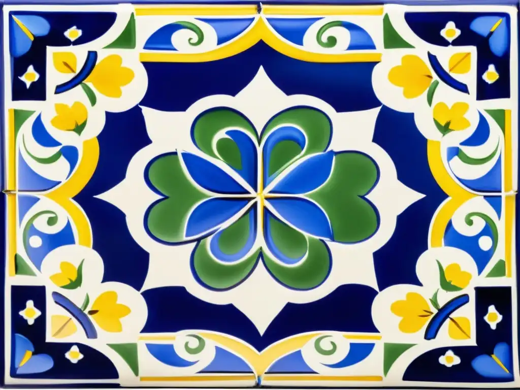 Un panel de azulejos portugueses, con un fondo azul vibrante y patrones florales y geométricos