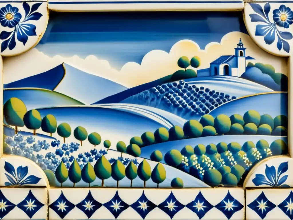 Panel de azulejos portugueses con simbolismos y arte en azul y blanco, evocando belleza cultural y tradición