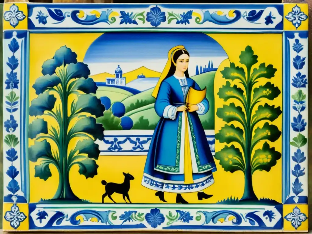 Panel de azulejos portugueses vintage con diseño geométrico y escena histórica, evocando la belleza del arte azulejo portugués