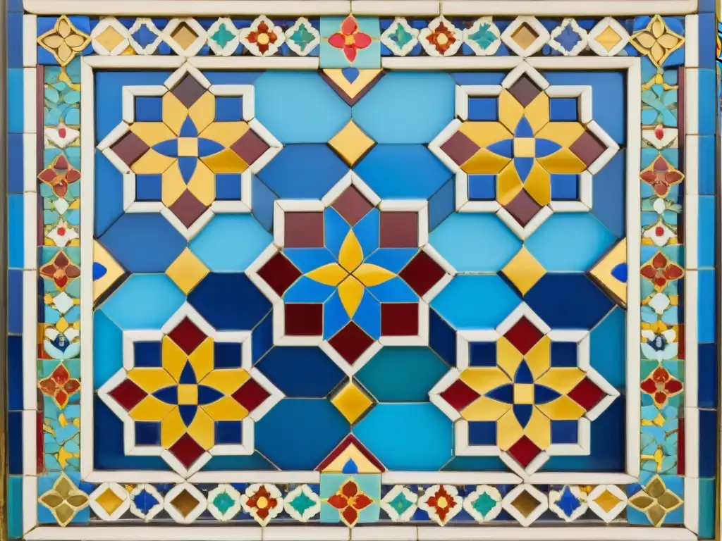 Un panel de mosaico árabe con detalles florales y geométricos en azul, dorado y rojo, bañado por la cálida luz del sol