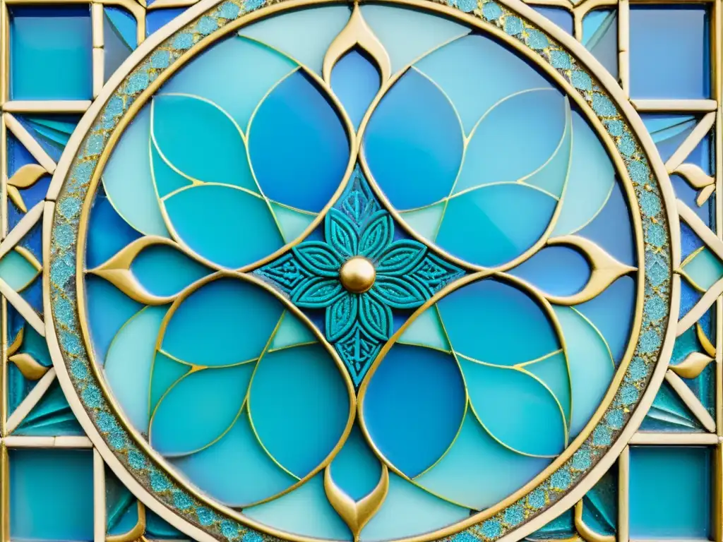 Un panel de mosaico árabe vintage exhibe un diseño geométrico en azul, turquesa y oro, con detalles de filigrana, reflejos de luz y una pátina antigua