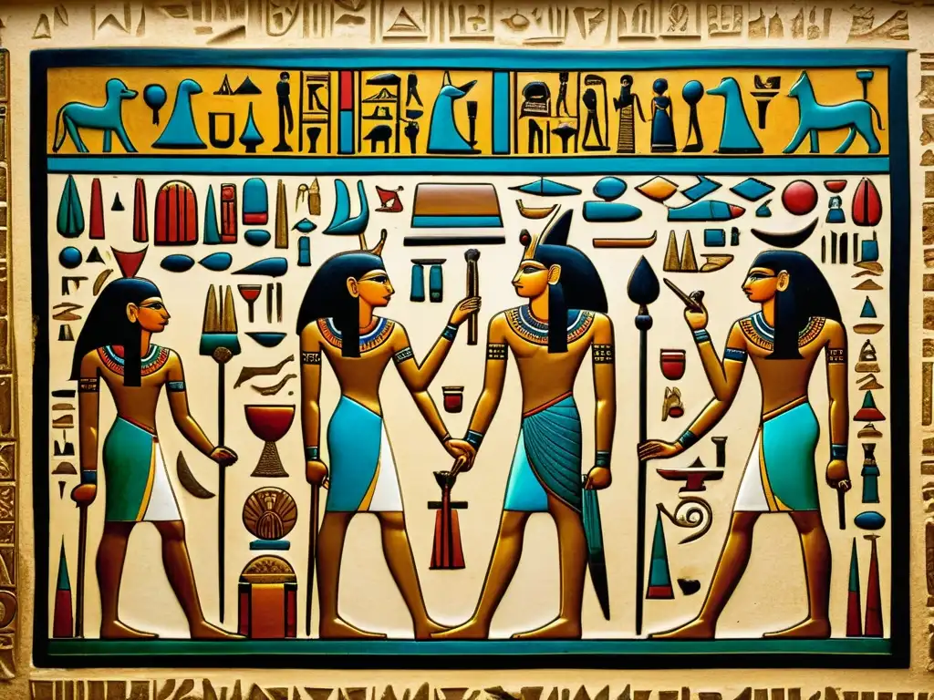 Panel egipcio tallado con símbolos y figuras detalladas, iluminado por luz cálida