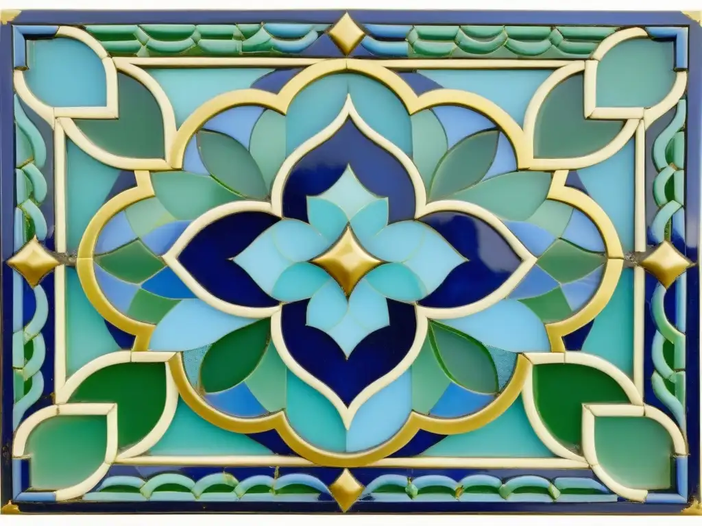 Un panel de mosaico vintage de la Alhambra con patrones islámicos en arte mudéjar en tonos azules, verdes y dorados