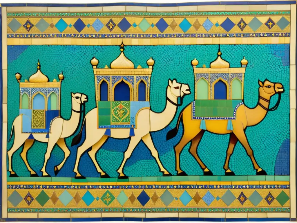 Panel de mosaico vintage con influencia de la ruta de la seda, muestra una colorida caravana de mercaderes y camellos en intricados diseños árabes