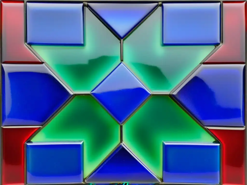 Un panel de mosaico vintage detalladamente intrincado con un patrón geométrico hipnótico en tonos de azul, verde y carmesí