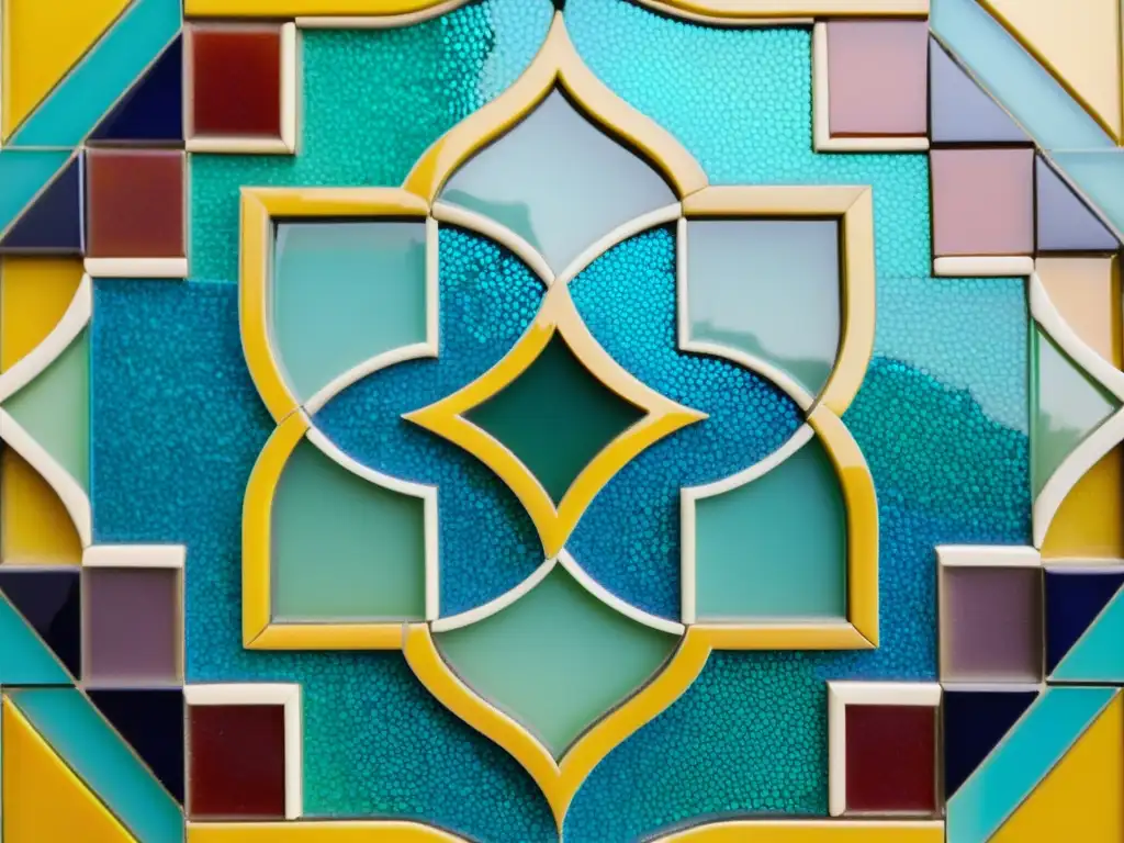 Un panel de mosaico vintage con intrincados patrones geométricos y colores vibrantes, reflejando la diversidad de mosaicos del mundo islámico