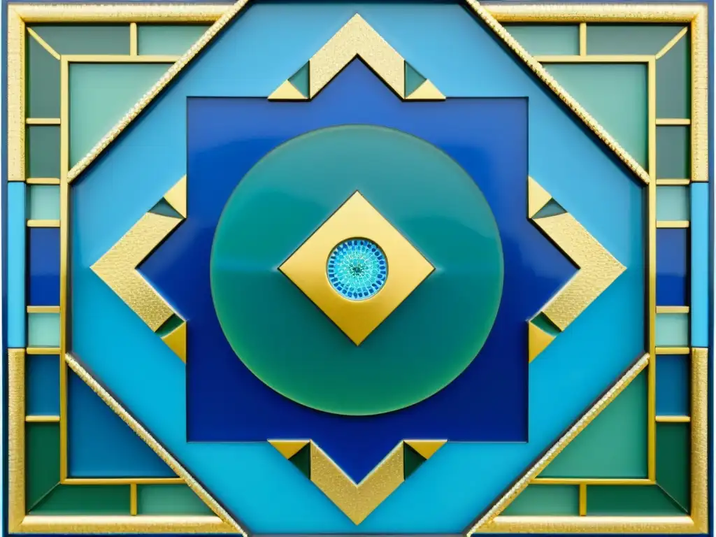 Panel de mosaico árabe vintage con patrones geométricos en azul, verde y dorado