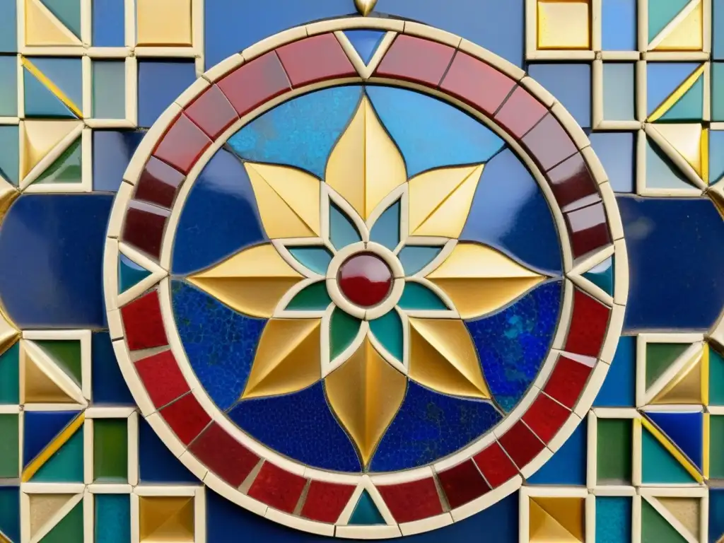 Un panel de mosaico árabe con patrones geométricos y diseños florales en azul, rojo y dorado