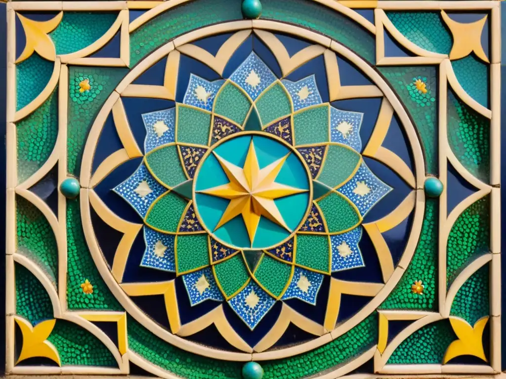 Un panel de mosaico árabe vintage con patrones geométricos vibrantes, reflejando la rica historia y tradición islámica