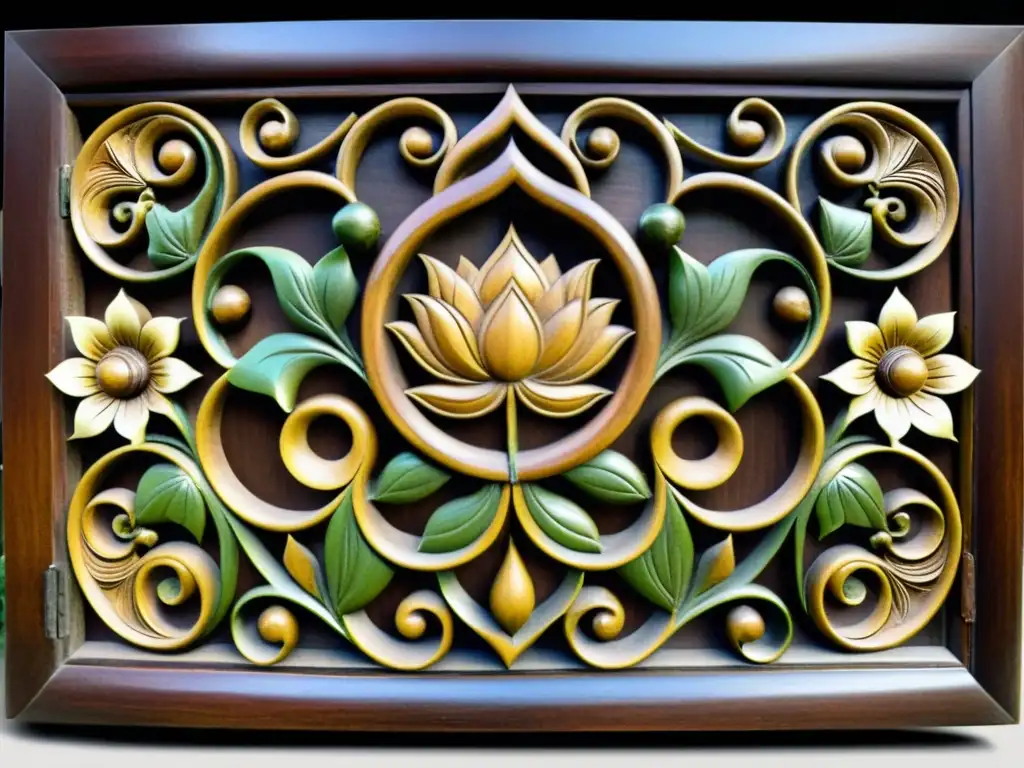 Panel de puerta balinesa tallada a mano con patrones artísticos tradicionales de Bali en tonos terrosos ricos y una pátina vintage, evocando la esencia de la artesanía balinesa