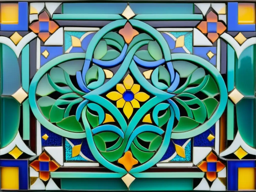 Panel de mosaico árabe vibrante con patrones geométricos, motivos florales e inscripciones, reflejando la tradición de maestros artesanos en mosaicos árabes