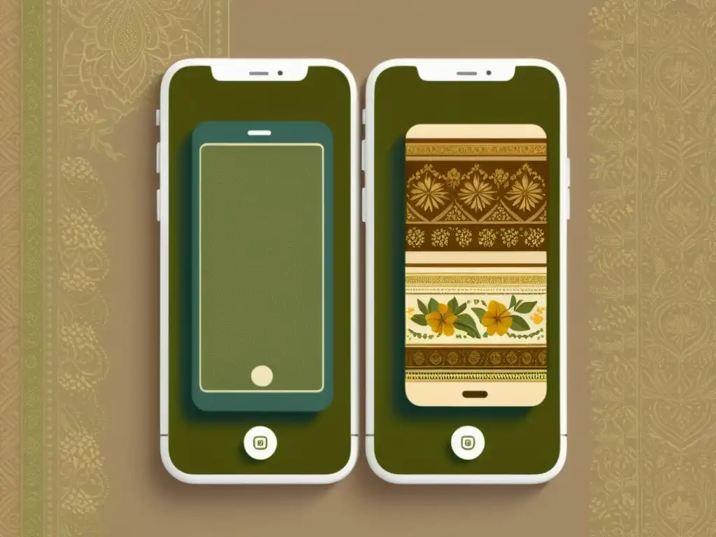 Una ilustración vintage de una pantalla dividida de smartphone con apps para fusionar patrones artísticos en tonos cálidos y motivos florales