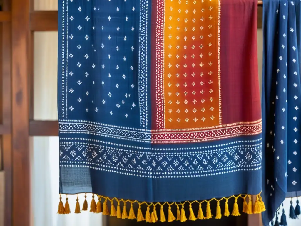 Un pañuelo Bandhani vibrante y artesanal se encuentra sobre una mesa de impresión de madera, bañado por la luz del sol