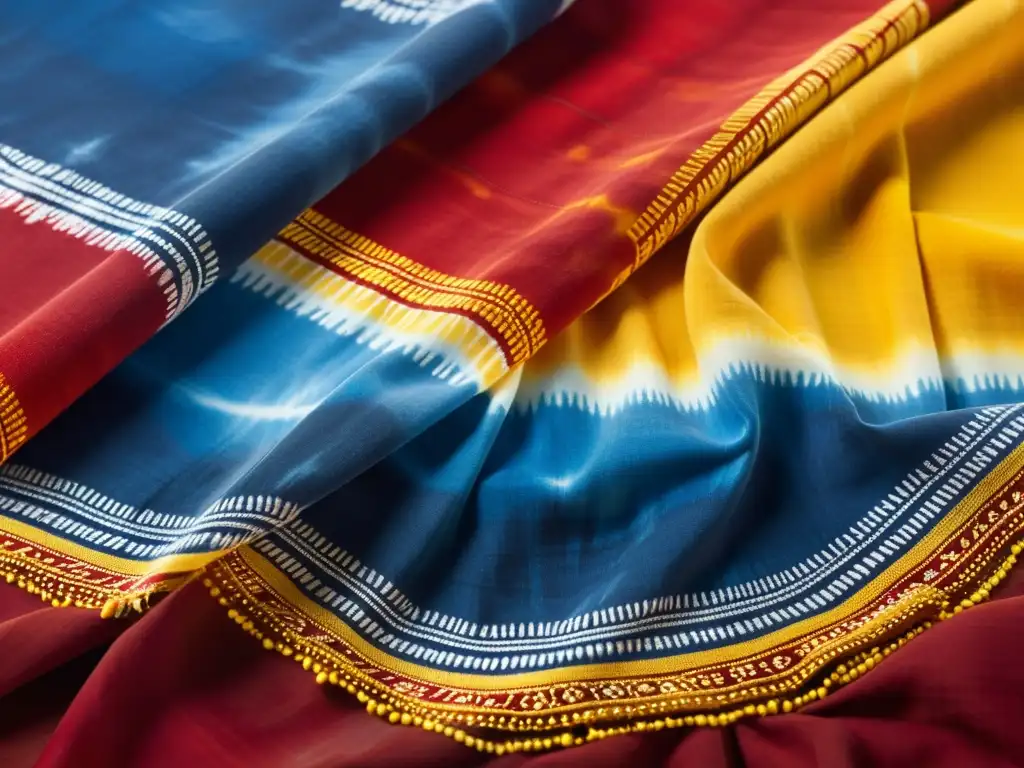 Un pañuelo Bandhani vibrante en rojo, amarillo y azul con intrincados diseños