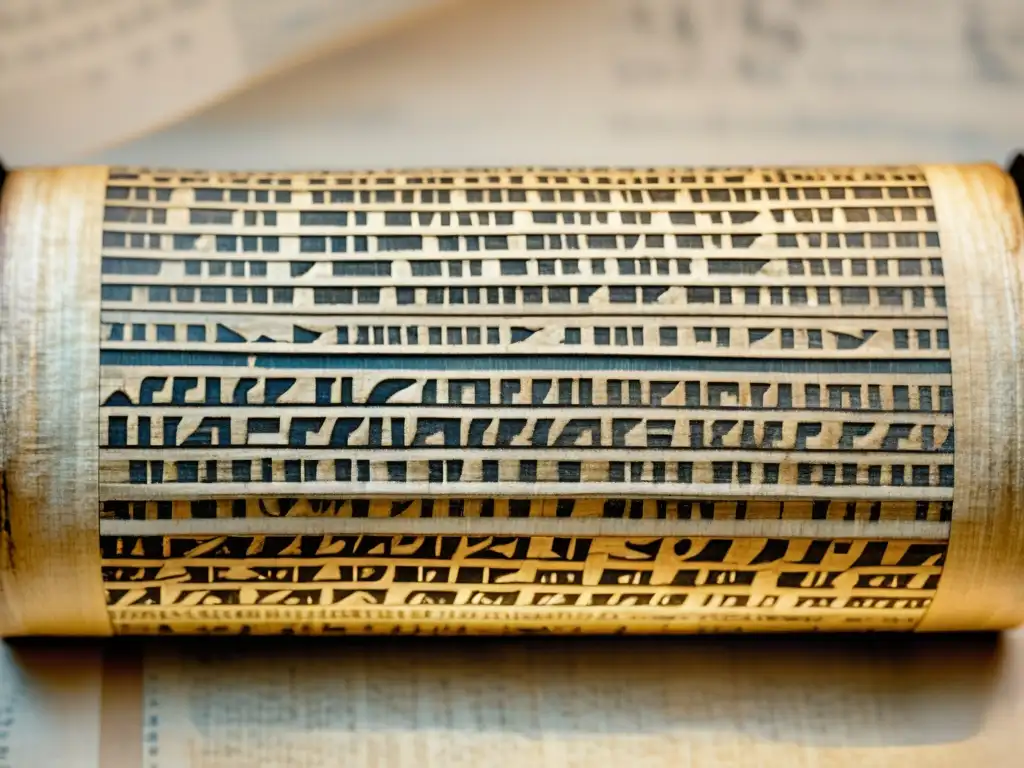 Una papiro griego antiguo desenrollado, con escritura griega legible y detalles en sepia