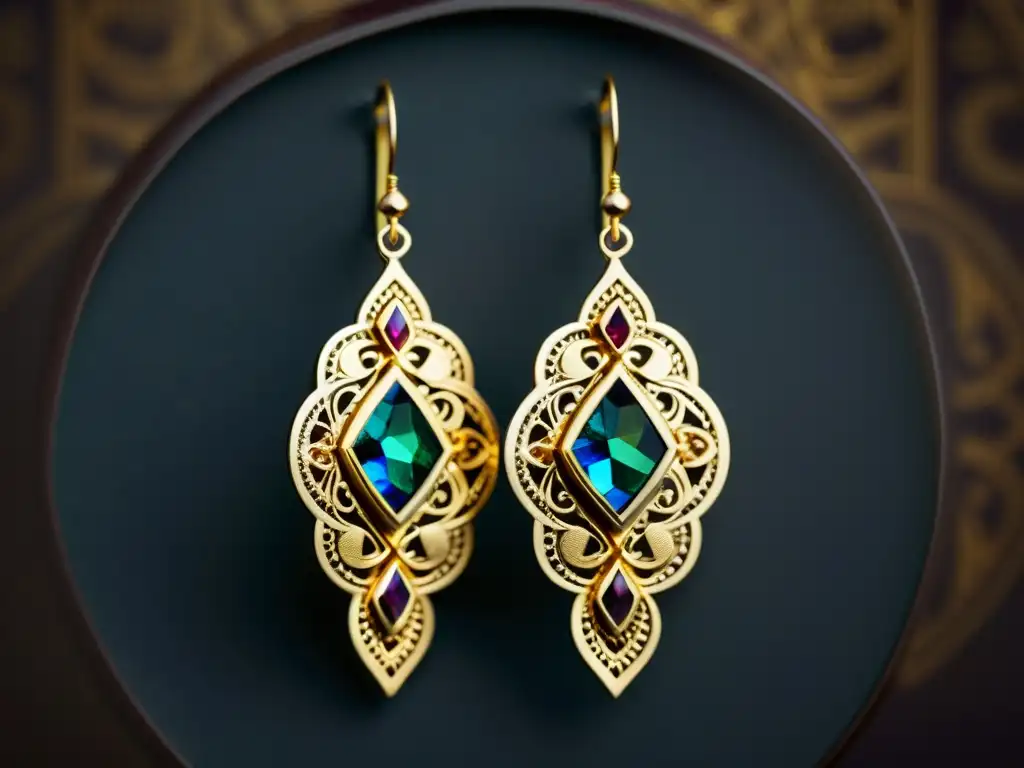 Par de aretes vintage de mosaico árabe en joyería artística, con patrones geométricos y mosaicos vibrantes en filigrana dorada