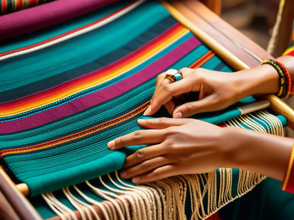 Un par de hábiles manos tejen patrones precolombinos con técnicas ancestrales en un taller rústico lleno de coloridos textiles y herramientas