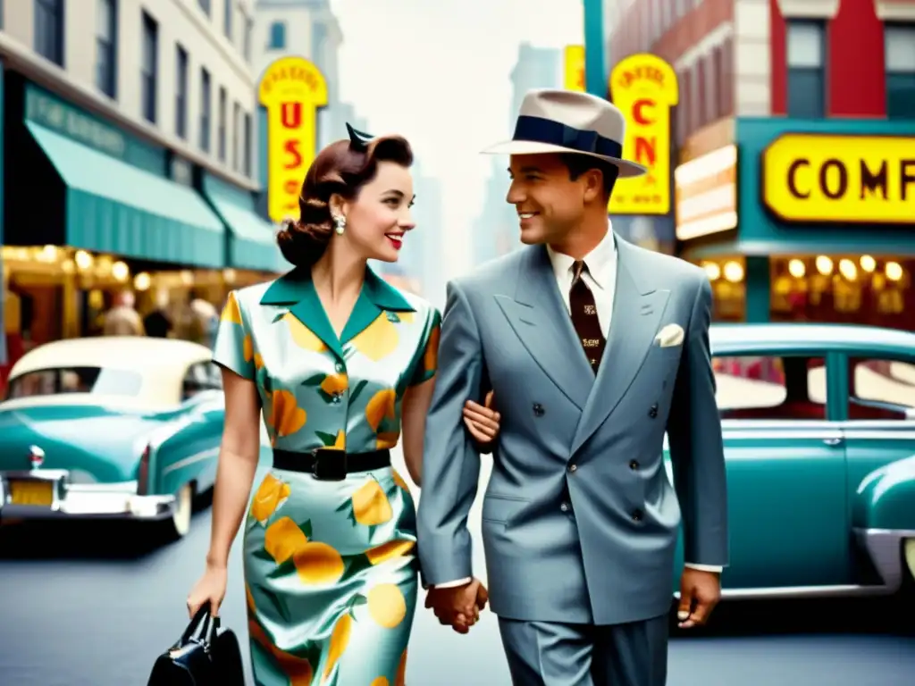 Una pareja elegante de los años 50 camina por la ciudad, exudando glamour y sofisticación