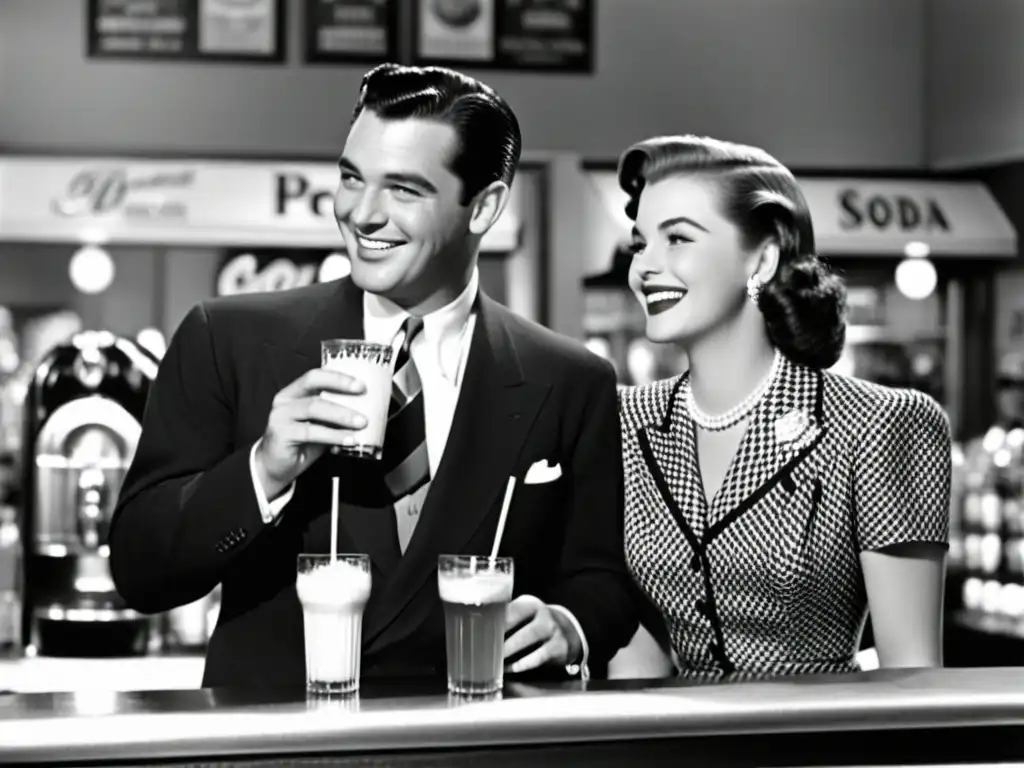 Una pareja elegante disfruta de refrescante bebida en fuente de soda vintage