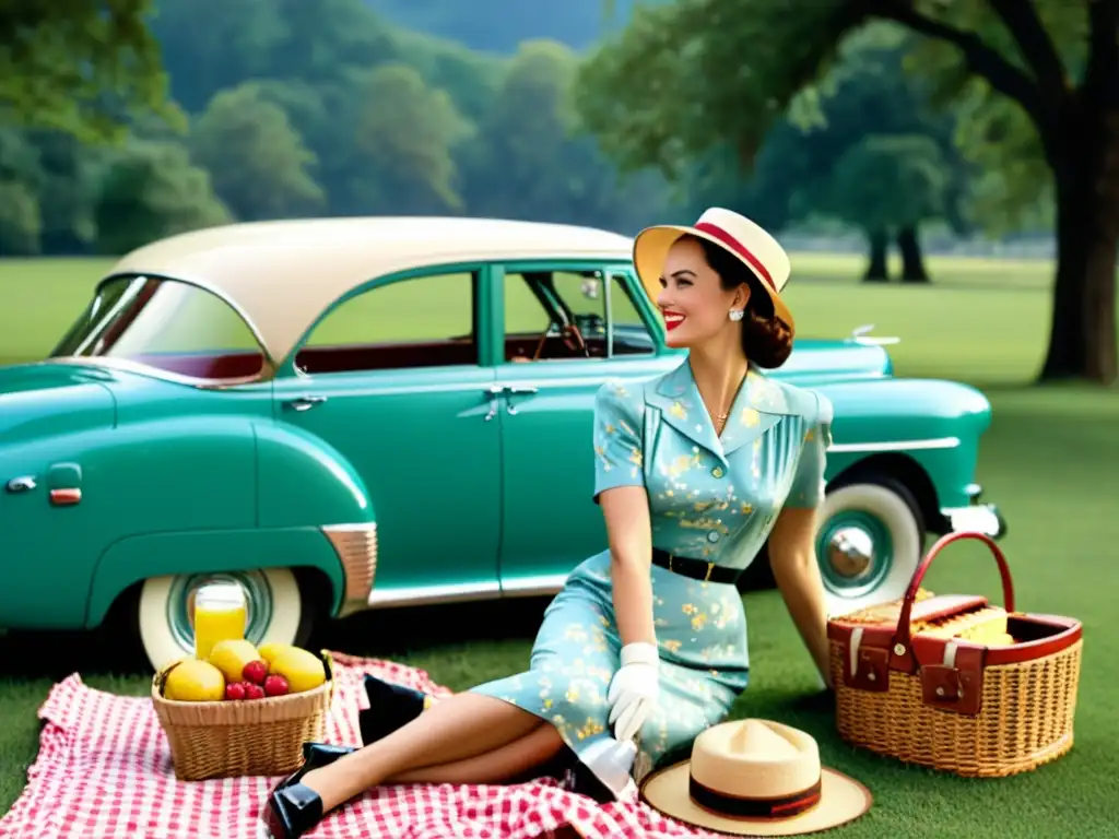 Una pareja disfruta de un picnic vintage junto a su clásico coche, evocando la influencia de patrones históricos en publicidad