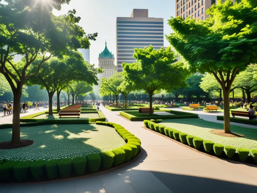 Un parque urbano bullicioso con patrones de espacios verdes urbanos, senderos serpenteantes y bancos ordenados, rodeado de rascacielos