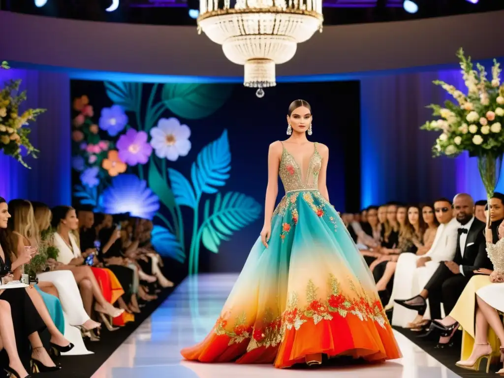 Una pasarela de alta costura vintage con un deslumbrante vestido multicolor y patrones intrincados