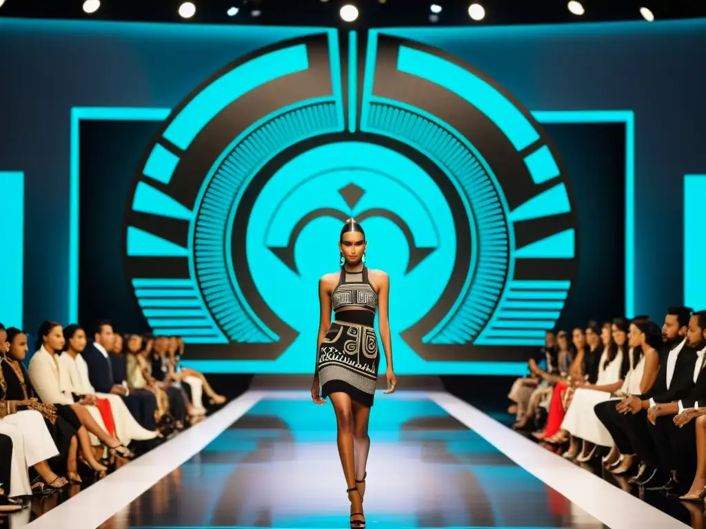 En la pasarela de moda futurista, modelos lucen prendas con patrones precolombinos en contraste con símbolos mesoamericanos y arquitectura minimalista