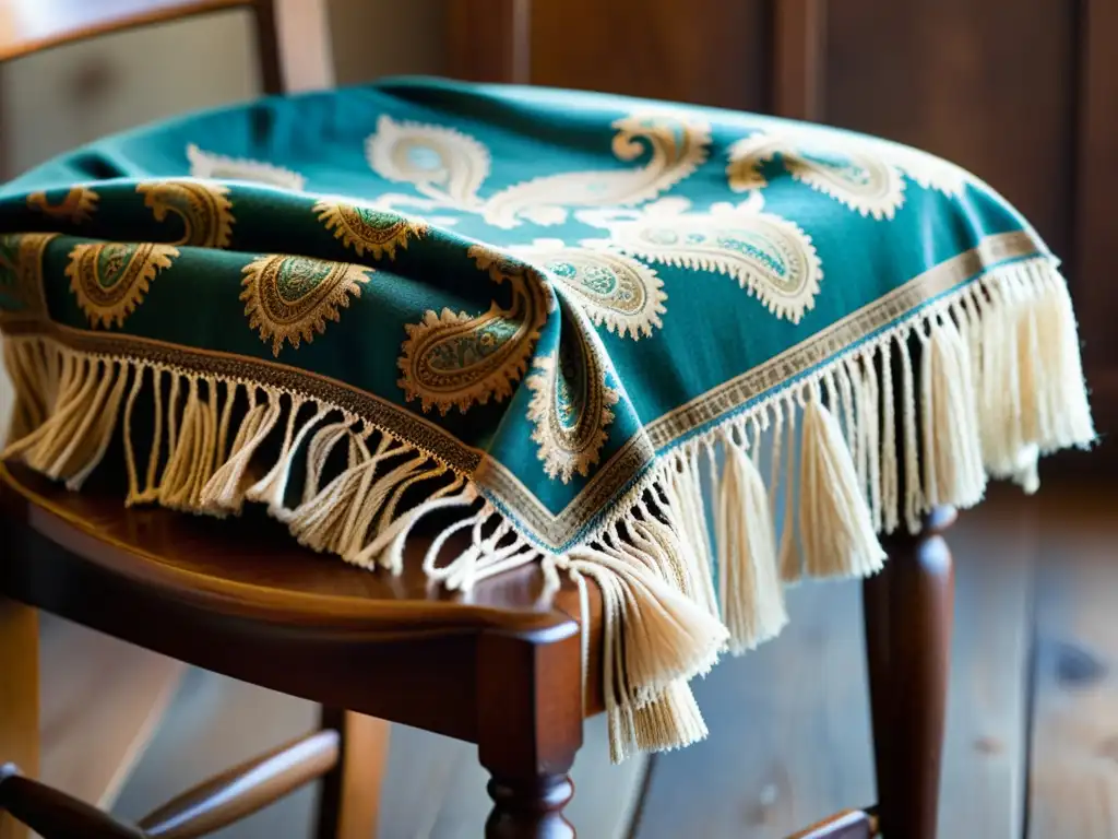 Una pashmina de cachemira vintage con patrones paisley y flecos, descansando sobre una silla de madera envejecida