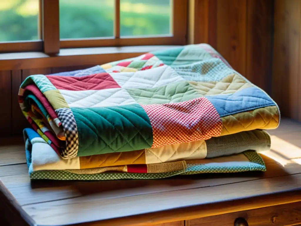 Un patchwork colorido y detallado sobre una mesa de madera rústica, iluminado por la cálida luz natural