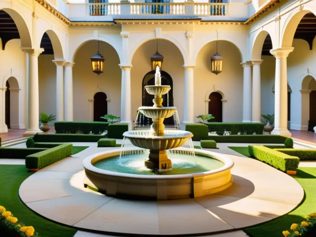 Un patio grandioso con arquitectura clásica detallada y patrones arquitectura espacios abiertos, rodeado de vegetación exuberante y flores en flor