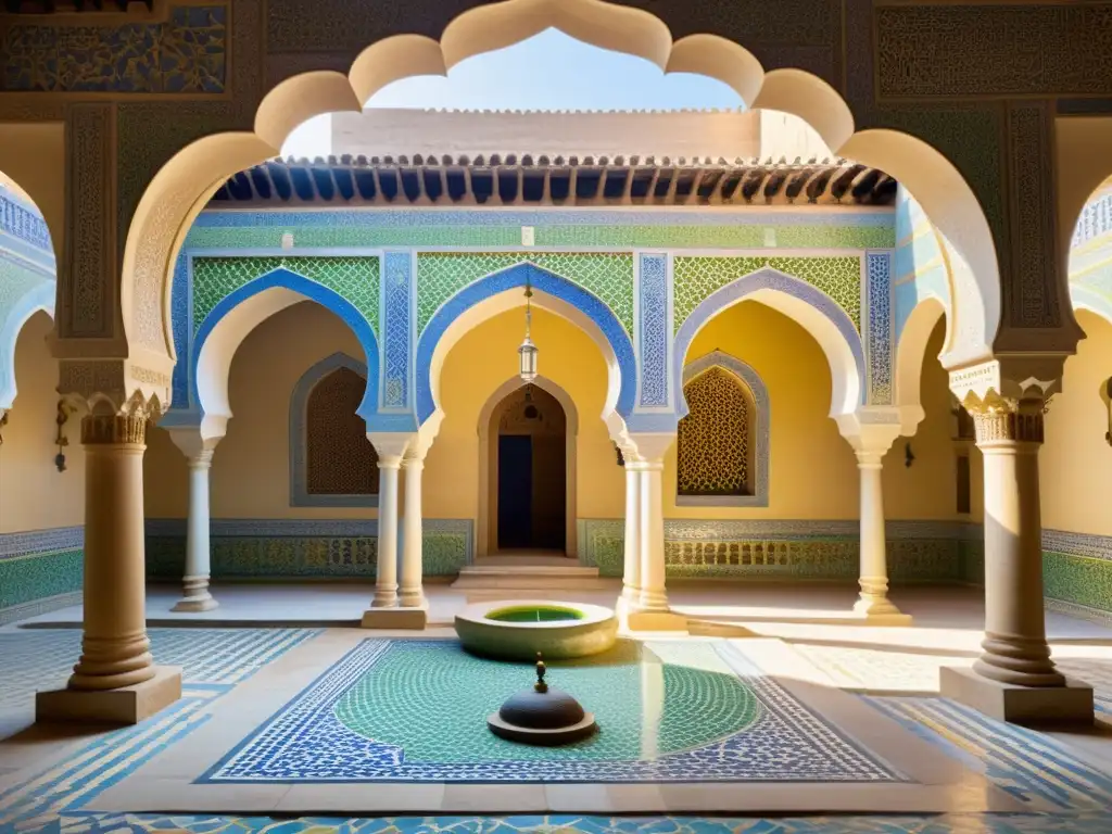 Exquisito patio islámico con mosaicos Un patio de mosaicos en arquitectura islámica con intrincados diseños geométricos en azules, verdes y amarillos, bañados por la luz solar