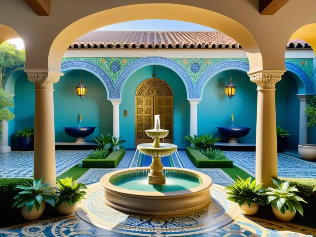 Un patio de mosaicos moriscos con diseños vibrantes en tonos de azul, verde y dorado