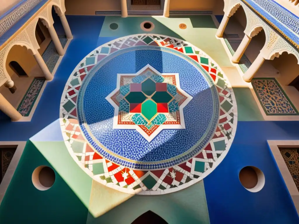 Un patio de mosaicos árabes con patrones culturales vibrantes en azul, verde y rojo, bañado por la luz solar que realza su exquisita artesanía