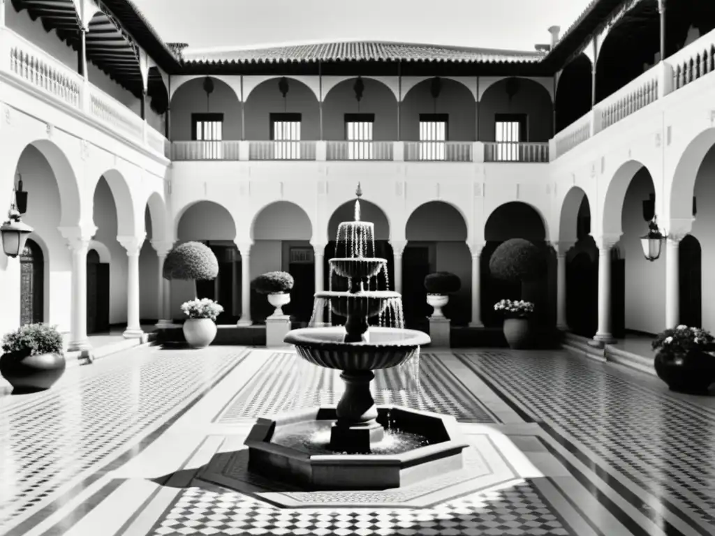 Un patio de patrones arquitectura espacios abiertos, con elegante diseño clásico, fuente central y exquisitos detalles en blanco y negro