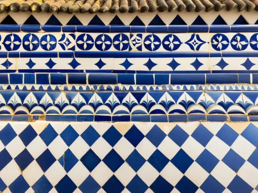 Un patio portugués con azulejos azules y blancos de diseño geométrico