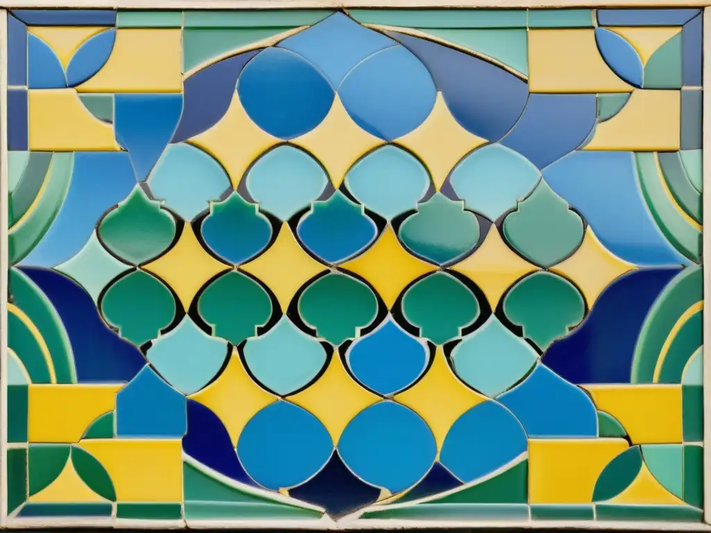 Un patrón de mosaico tradicional marroquí en tonos vibrantes de azul, verde y amarillo