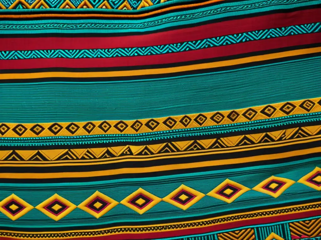 Patrón textil africano con influencia artística, colores vibrantes y detalles geométricos en una prenda tradicional