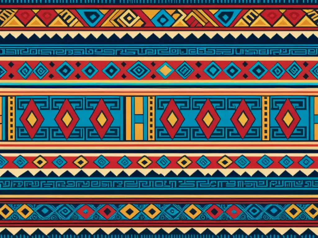 Un patrón textil maya tradicional, tejido con hilos rojos, azules y dorados