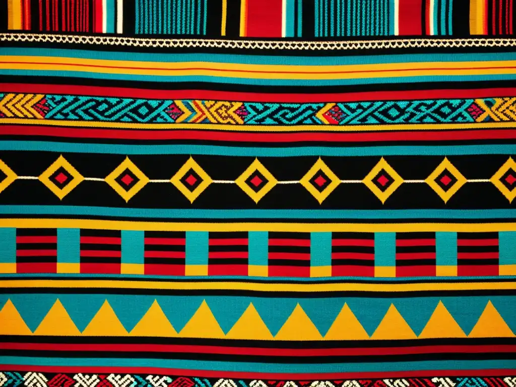 Un patrón textil peruano revela símbolos incas y llamas en vibrantes colores, resaltando la artesanía y herencia cultural