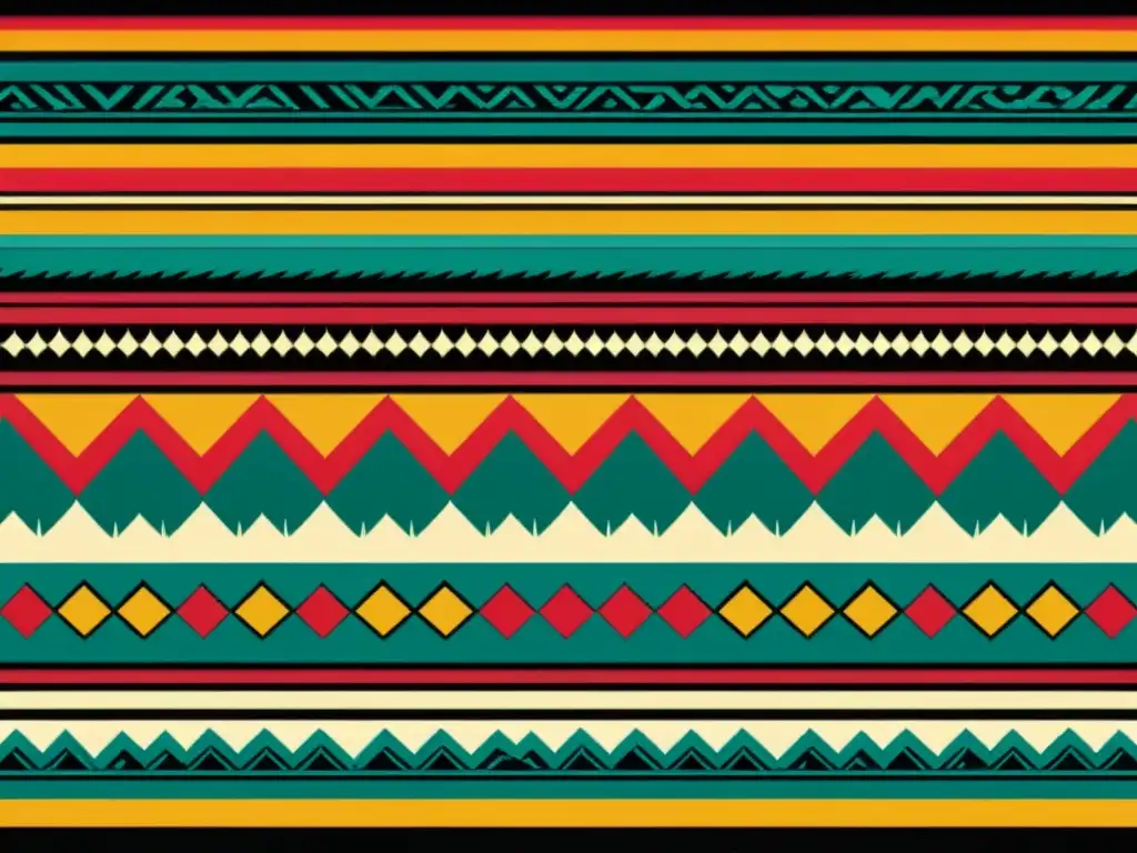 Un patrón textil peruano tradicional, tejido con colores vibrantes y formas geométricas, enmarcado por los Andes