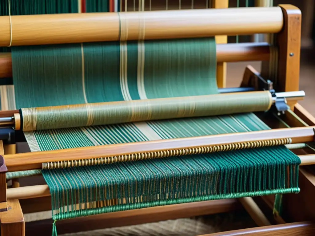 Un patrón textil tradicional se teje con destreza en un telar de madera, evocando una sensación de artesanía y tradición