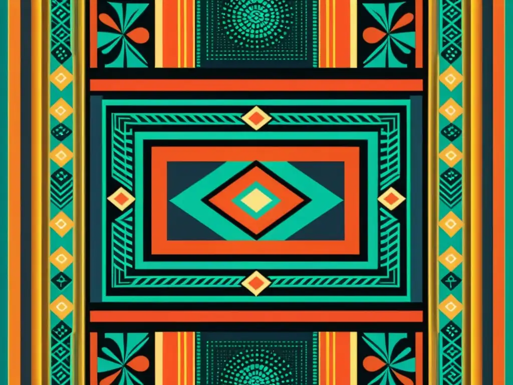 Patrón textil tradicional con elementos de realidad aumentada que fusionan tradición y tecnología, evocando una experiencia visual cautivadora