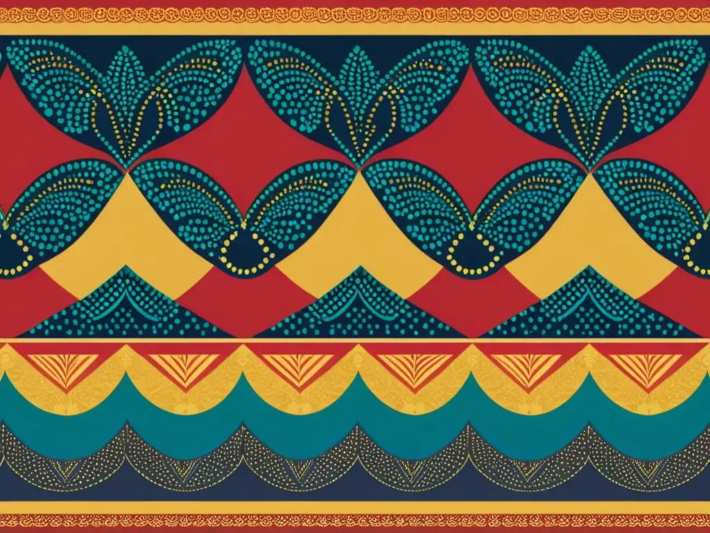 Un patrón tradicional de batik indonesio con influencia en técnicas de diseño web, destacando sus colores vibrantes y detalles geométricos intrincados