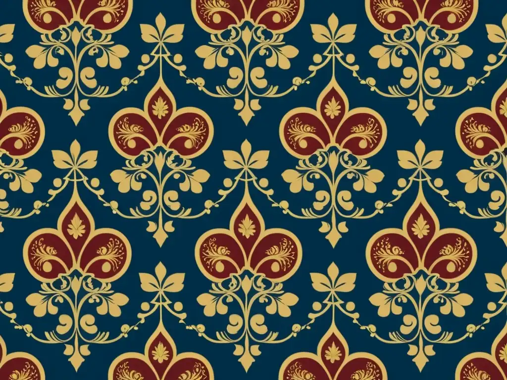 Patrón vintage de elegantes motivos florales en tonos ricos Un patrón vintage con intrincados diseños en tonos rojos, azules y dorados, evocando la opulencia victoriana