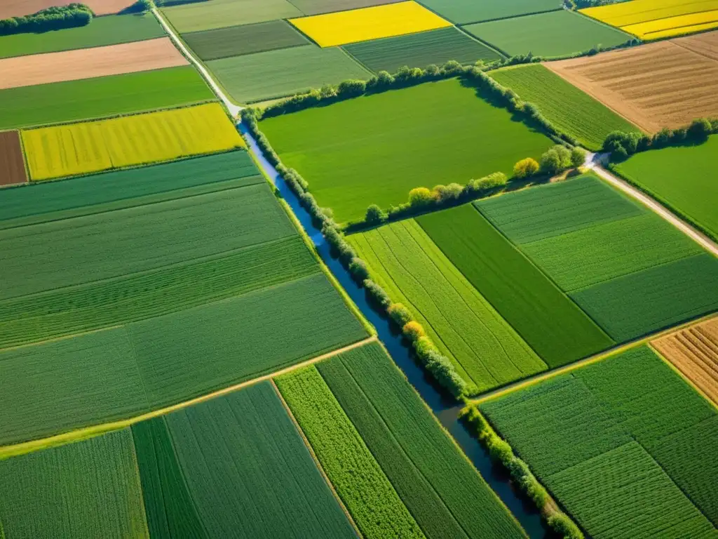 Fotografiando patrones agrícolas desde el aire: Una vista aérea impresionante de campos verdes y ríos serpenteantes, iluminados por el sol de la tarde