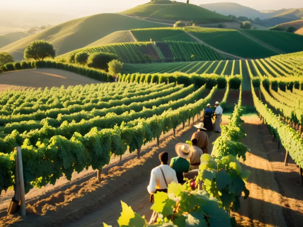 Patrones agrícolas en fiesta vendimia: Trabajadores recolectando uvas en un viñedo bañado por el sol, evocando tradición y abundancia