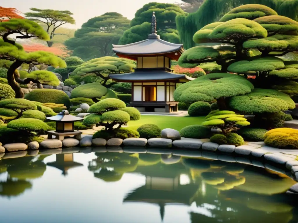 Patrones de agua en jardines japoneses: un sereno estanque con bonsáis y una linterna de piedra, reflejos y delicadas ondas en el agua