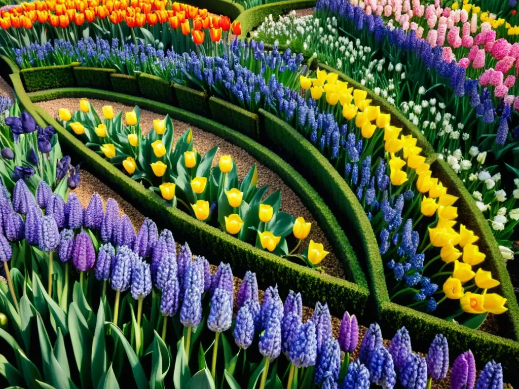 Patrones de alfombra de flores en Keukenhof: un mosaico vibrante de tulipanes, narcisos, jacintos y luz cálida, evocando tradición y elegancia